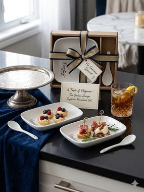 NIB Verdici Design Superior Porcelain 4-Piece Appetizer & Dessert Set - White